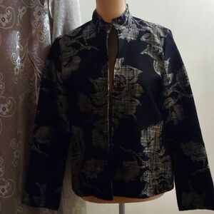 Erin Women's‎ size S white black rose floral open unlined jacket